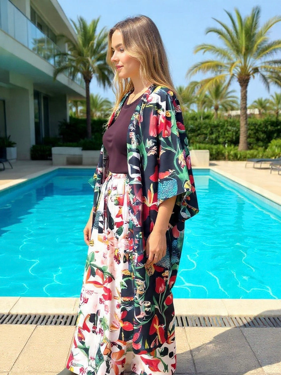 Tropical Bloom Pure Cotton Kimono Robe (black)