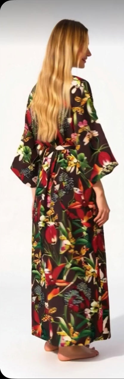 Tropical Bloom Pure Cotton Kimono Robe (black)