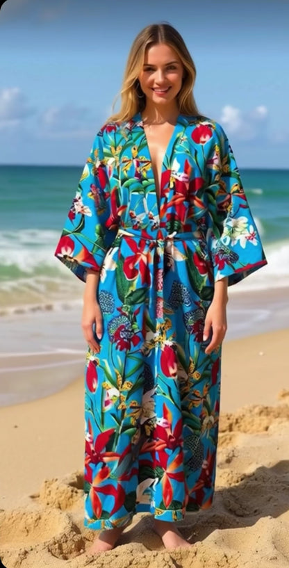 Tropical Bloom Pure Cotton Kimono Robe